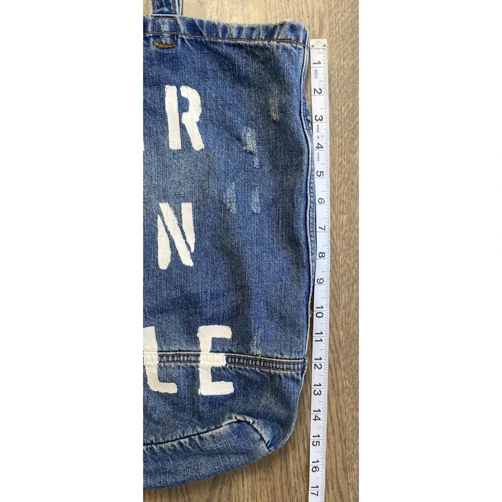 American Eagle Denim Distressed Tote Bag Blue White Logo Spell Out
